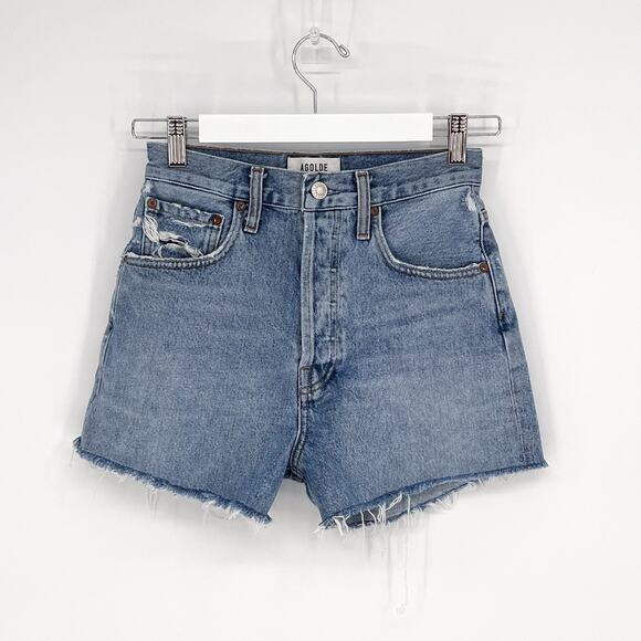 AGOLDE Riley High Rise Cutoff Denim Shorts Women’s Size 24 Snapshot Raw Hem - Picture 2 of 5